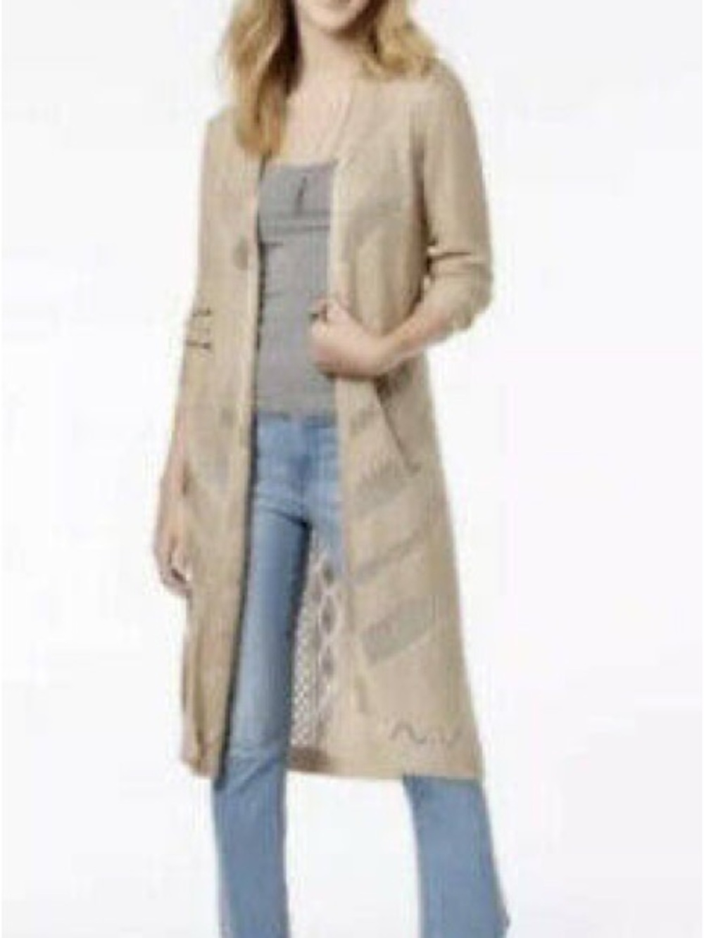 Hooked Up by IOT Beige Long Open-Front Knit Cardigan